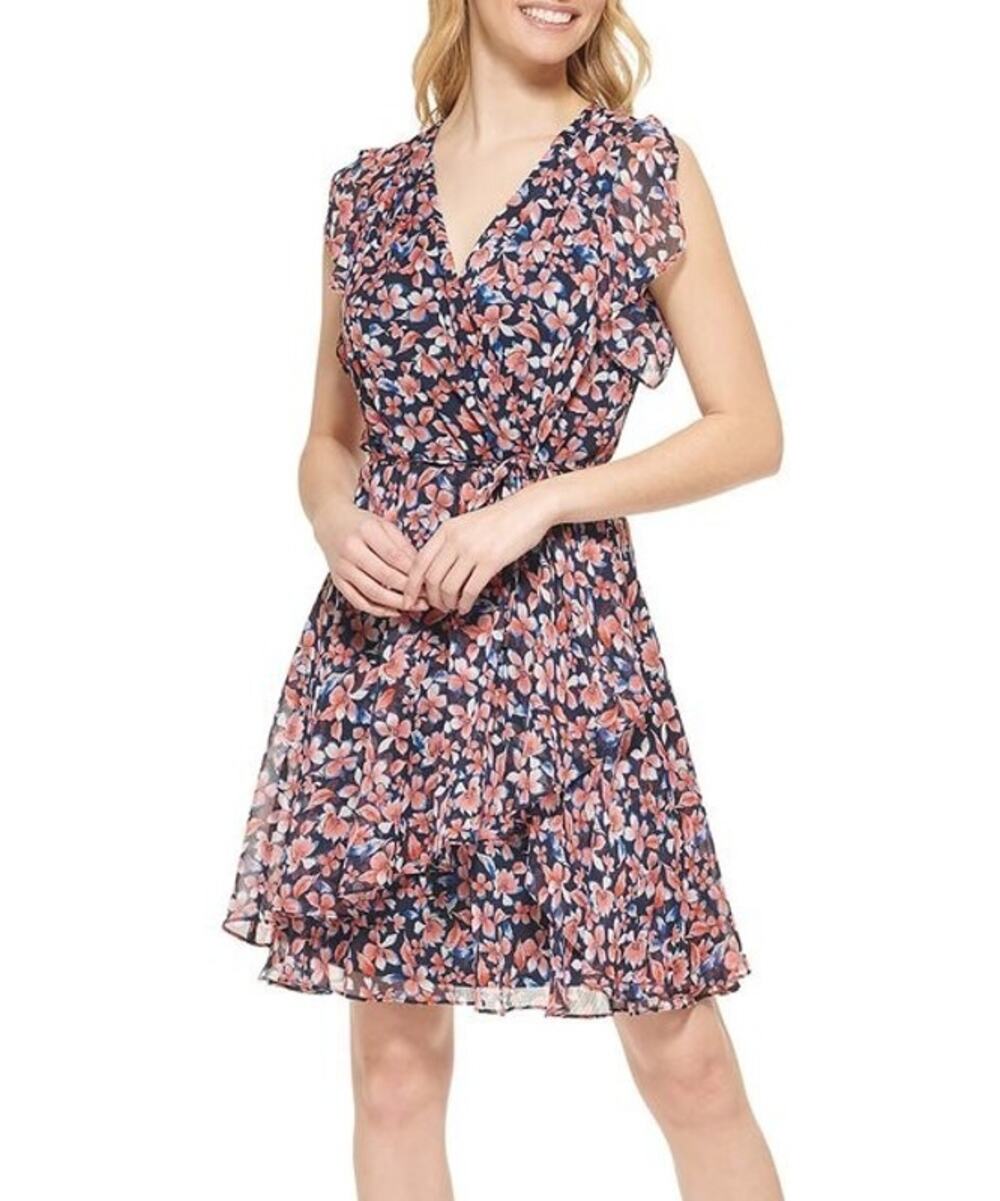 Tommy Hilfiger Women's Flutter Sleeve Mini Dress in Blue & Pink Floral Print